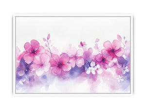 Soft pink blossom watercolor canvas art with purple floral wash for bedroom or nursery decor.