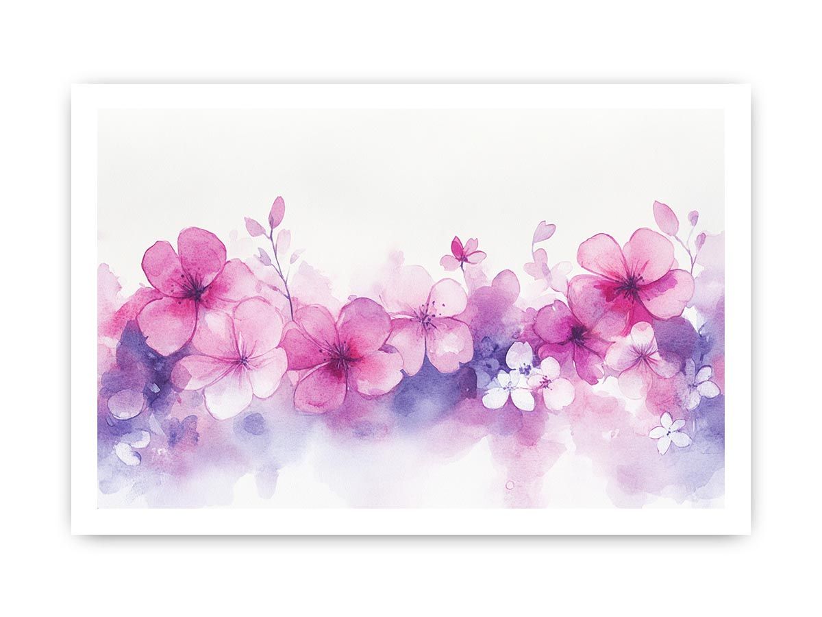 Soft pink blossom watercolor canvas art with purple floral wash for bedroom or nursery decor.