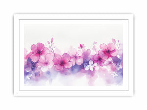 Soft pink blossom watercolor canvas art with purple floral wash for bedroom or nursery decor.