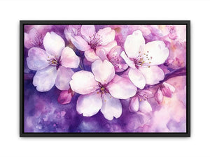Pink blossom watercolor canvas art with purple floral background for elegant bedroom or living room decor.