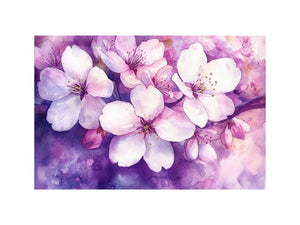 Pink blossom watercolor canvas art with purple floral background for elegant bedroom or living room decor.