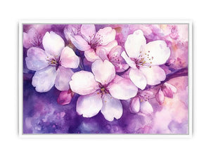 Pink blossom watercolor canvas art with purple floral background for elegant bedroom or living room decor.