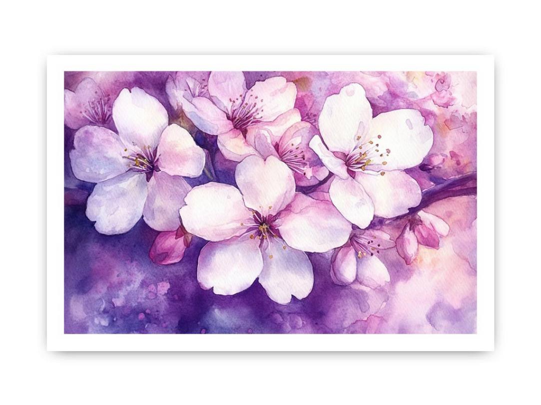Pink blossom watercolor canvas art with purple floral background for elegant bedroom or living room decor.