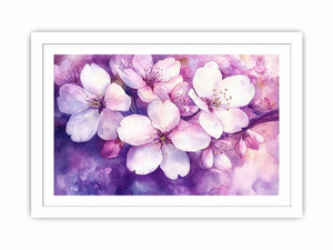Pink blossom watercolor canvas art with purple floral background for elegant bedroom or living room decor.