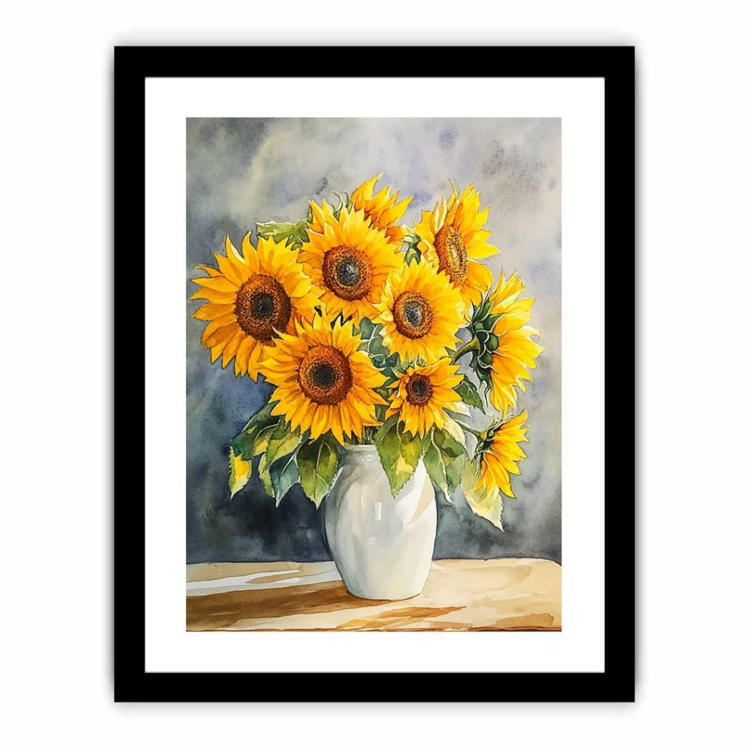 Sunflower bouquet watercolor canvas art in white vase for kitchen, dining room, or farmhouse decor.