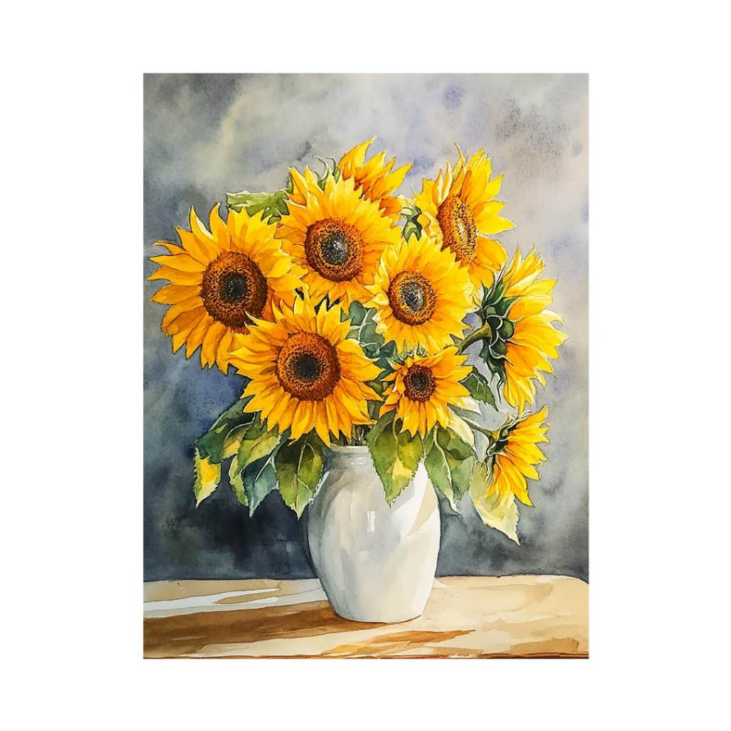 Sunflower bouquet watercolor canvas art in white vase for kitchen, dining room, or farmhouse decor.