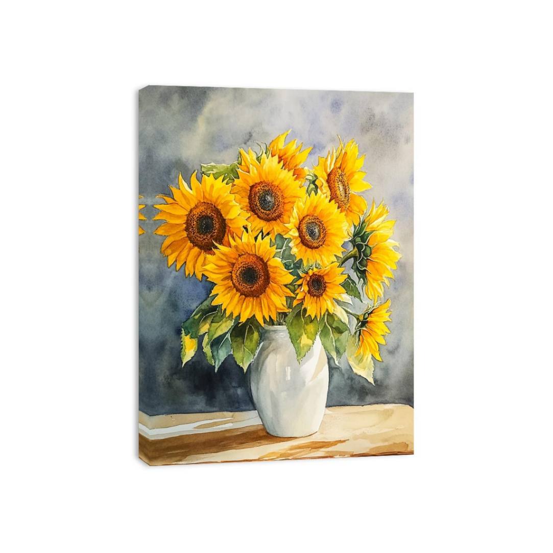 Sunflower bouquet watercolor canvas art in white vase for kitchen, dining room, or farmhouse decor.