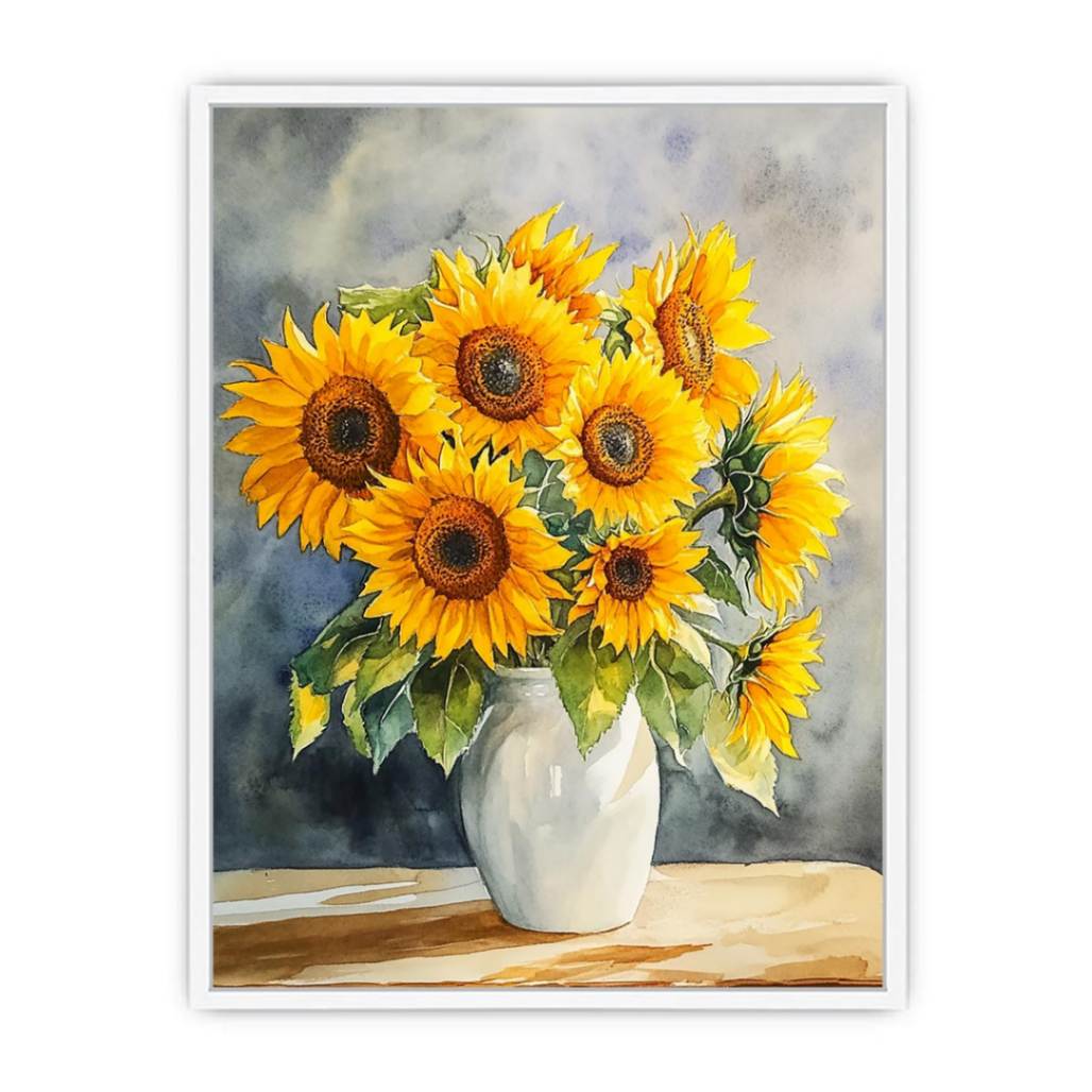 Sunflower bouquet watercolor canvas art in white vase for kitchen, dining room, or farmhouse decor.