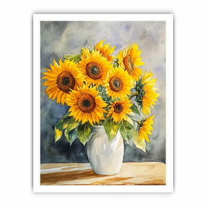 Sunflower bouquet watercolor canvas art in white vase for kitchen, dining room, or farmhouse decor.