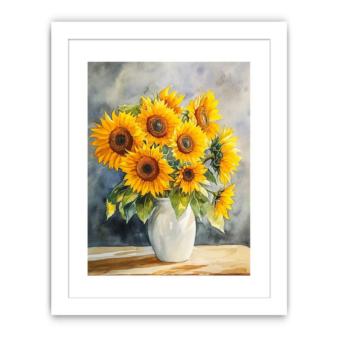 Sunflower bouquet watercolor canvas art in white vase for kitchen, dining room, or farmhouse decor.