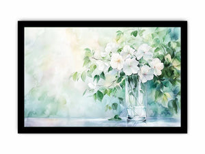 White floral watercolor canvas art in glass vase for soft living room decor.