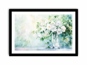 White floral watercolor canvas art in glass vase for soft living room decor.
