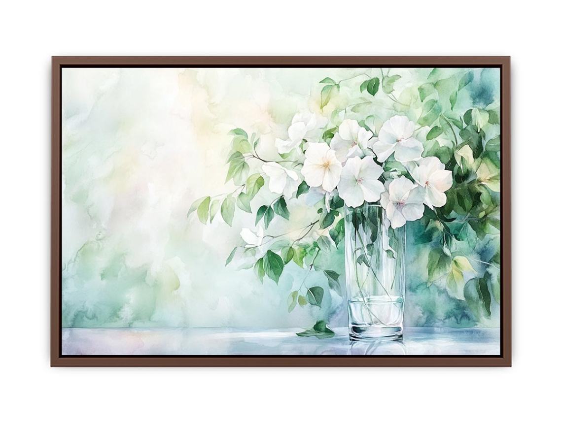 White floral watercolor canvas art in glass vase for soft living room decor.