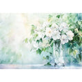 White floral watercolor canvas art in glass vase for soft living room decor.
