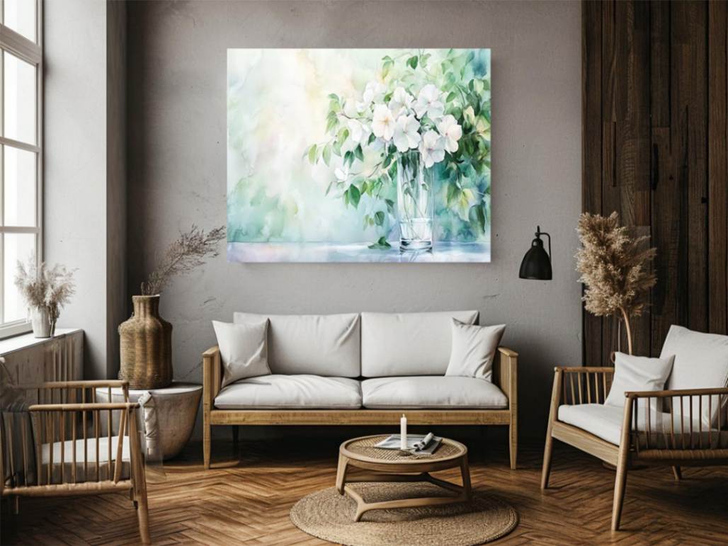 White floral watercolor canvas art in glass vase for soft living room decor.