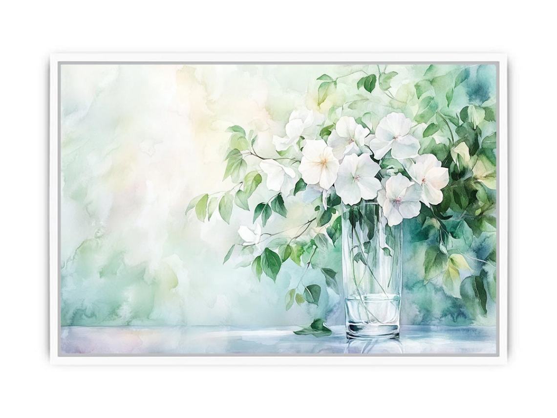 White floral watercolor canvas art in glass vase for soft living room decor.