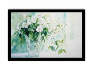Soft white flower watercolor canvas print in vase for elegant bedroom decor.