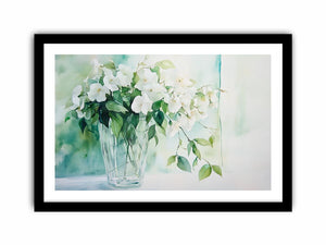 Soft white flower watercolor canvas print in vase for elegant bedroom decor.
