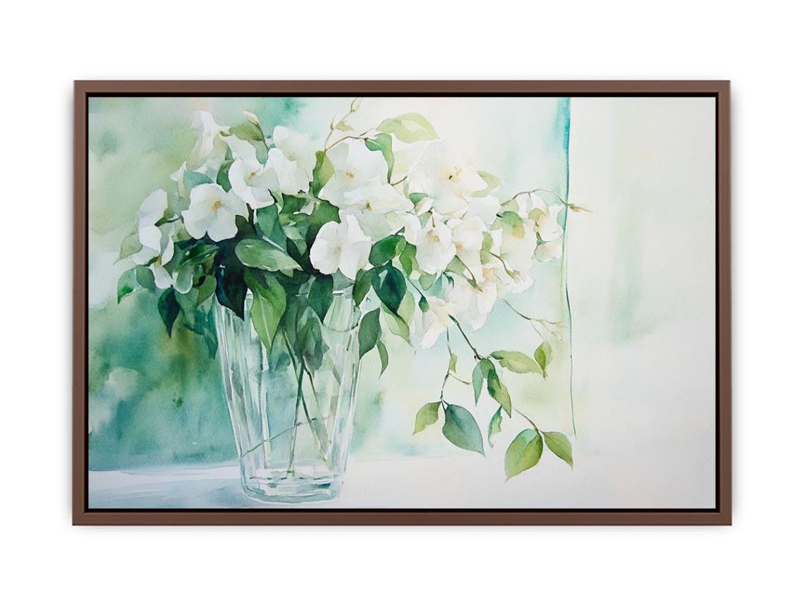 Soft white flower watercolor canvas print in vase for elegant bedroom decor.