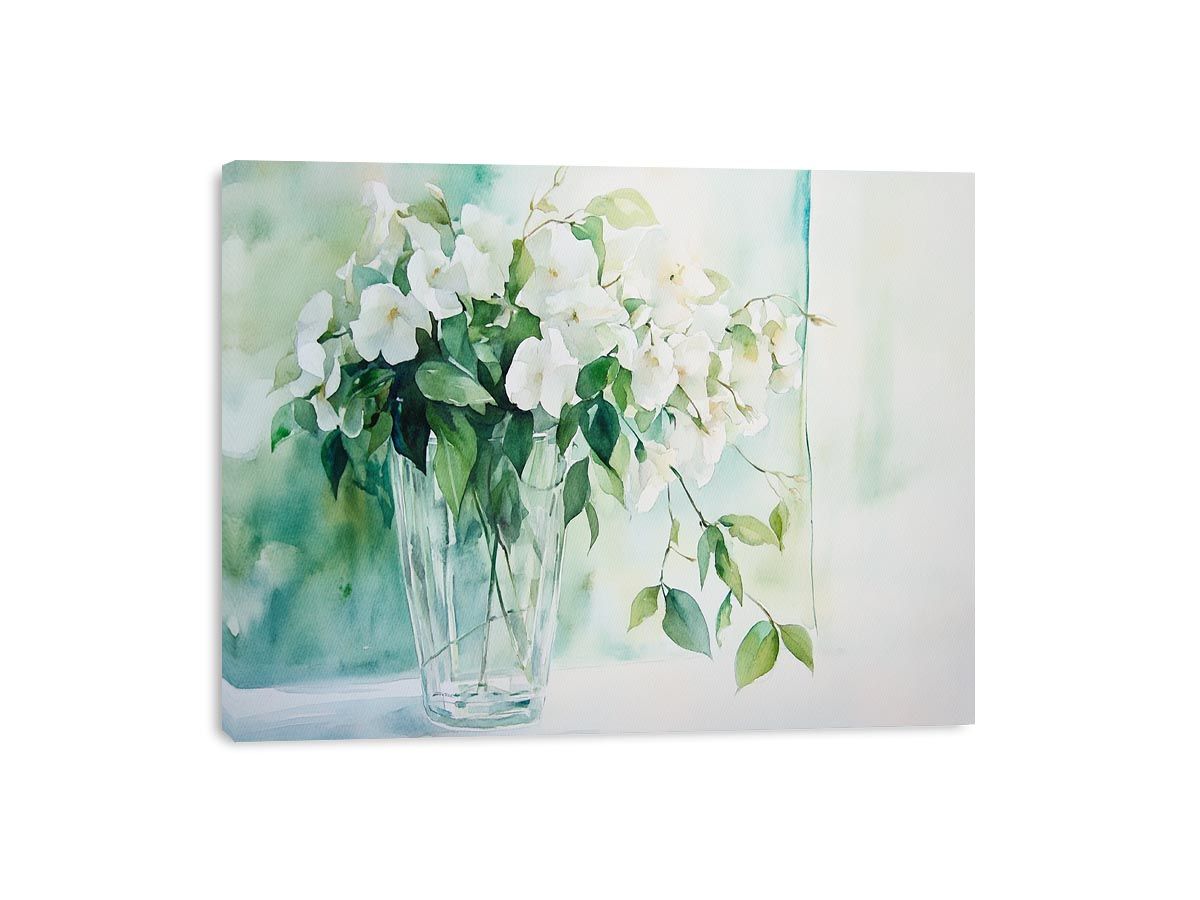 Soft white flower watercolor canvas print in vase for elegant bedroom decor.
