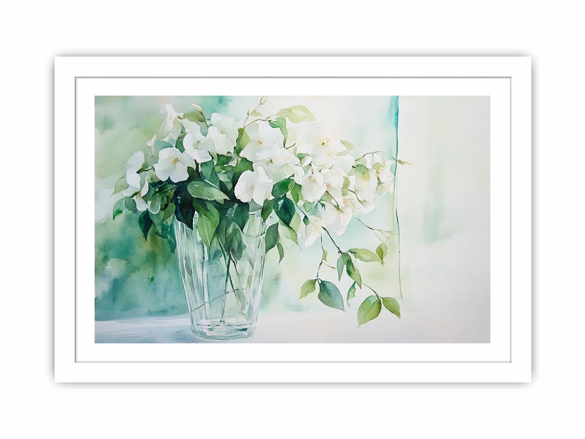 Soft white flower watercolor canvas print in vase for elegant bedroom decor.