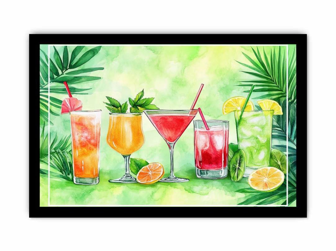 Colorful tropical cocktail watercolor wall art for kitchen or home bar decor.