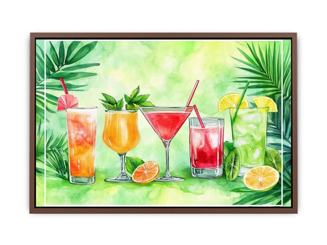Colorful tropical cocktail watercolor wall art for kitchen or home bar decor.