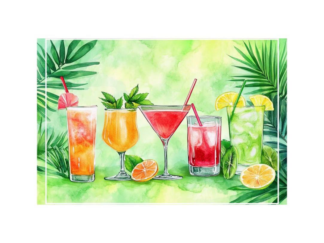 Colorful tropical cocktail watercolor wall art for kitchen or home bar decor.