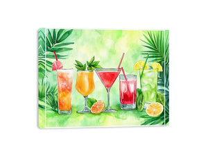 Colorful tropical cocktail watercolor wall art for kitchen or home bar decor.