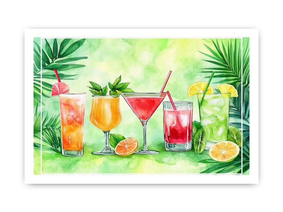 Colorful tropical cocktail watercolor wall art for kitchen or home bar decor.