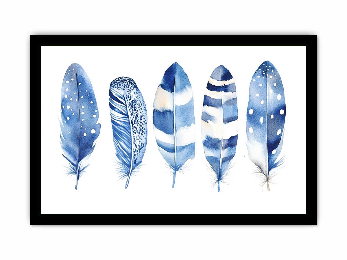 Blue watercolor feather wall art with delicate patterns for coastal bedroom decor.