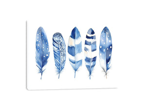 Blue watercolor feather wall art with delicate patterns for coastal bedroom decor.