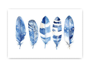 Blue watercolor feather wall art with delicate patterns for coastal bedroom decor.