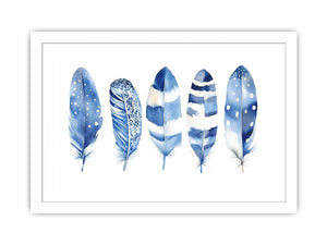 Blue watercolor feather wall art with delicate patterns for coastal bedroom decor.