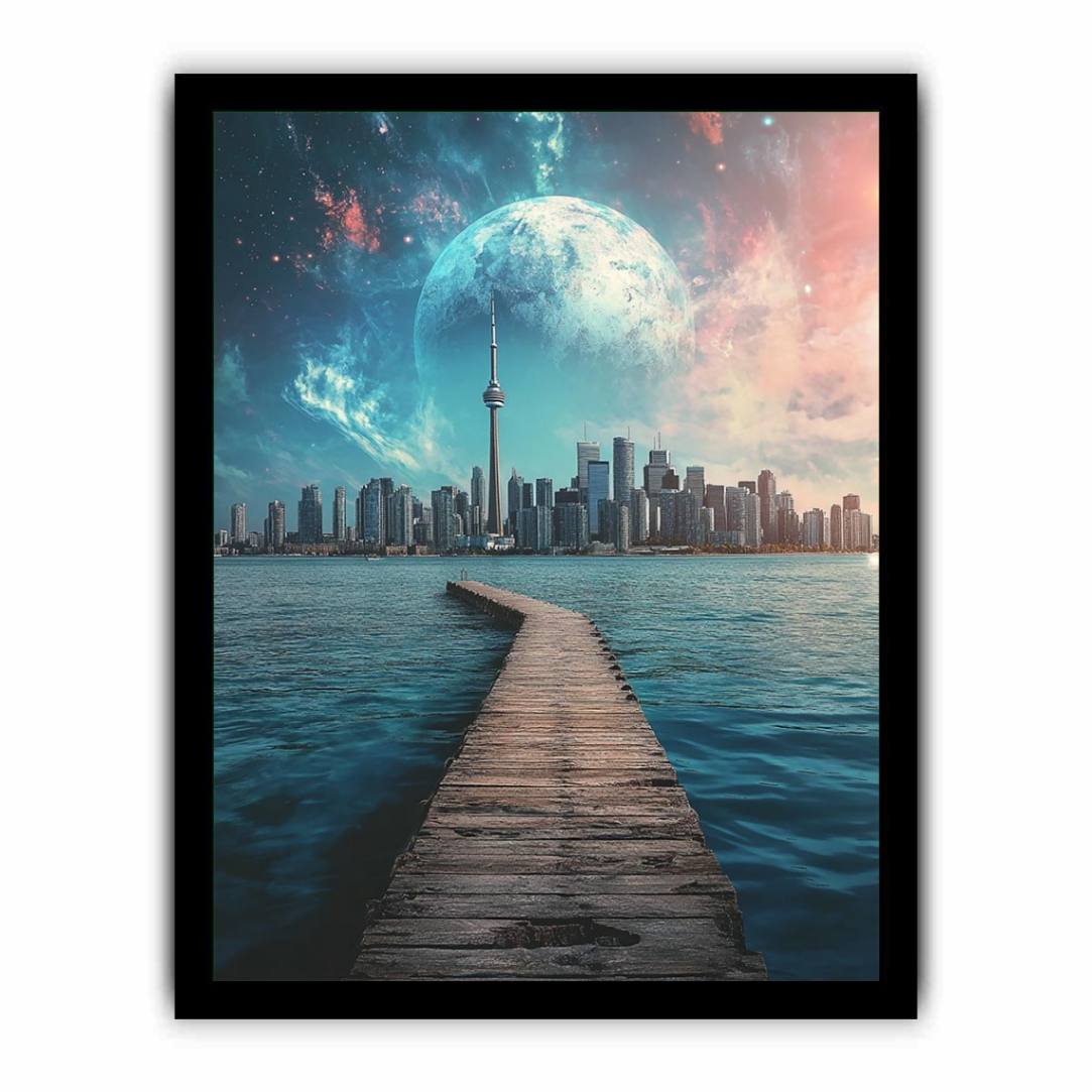 Surreal cityscape canvas art with moon, skyline, pier, and water for modern office decor.