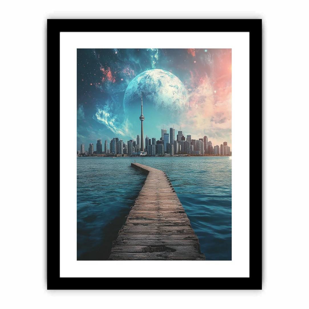 Surreal cityscape canvas art with moon, skyline, pier, and water for modern office decor.