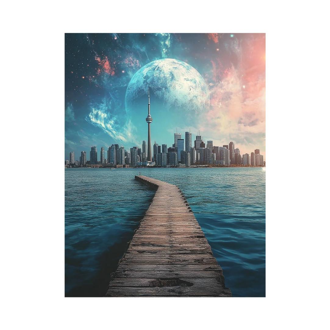 Surreal cityscape canvas art with moon, skyline, pier, and water for modern office decor.