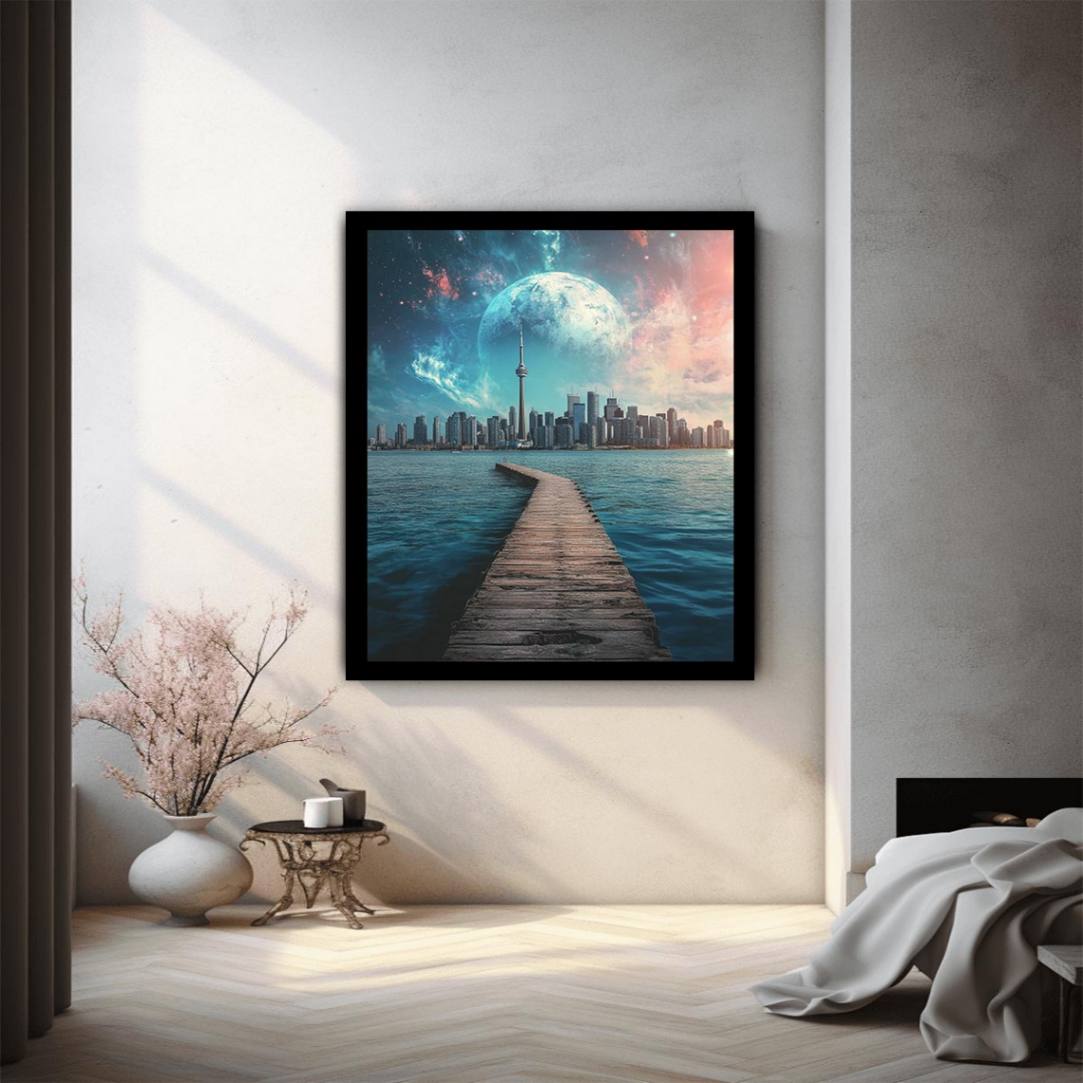 Surreal cityscape canvas art with moon, skyline, pier, and water for modern office decor.