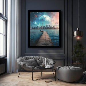 Surreal cityscape canvas art with moon, skyline, pier, and water for modern office decor.