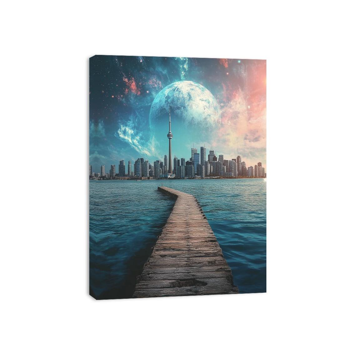 Surreal cityscape canvas art with moon, skyline, pier, and water for modern office decor.