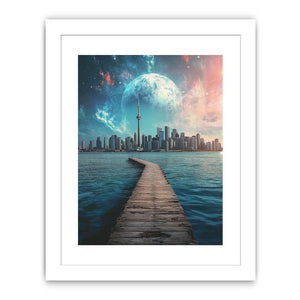 Surreal cityscape canvas art with moon, skyline, pier, and water for modern office decor.