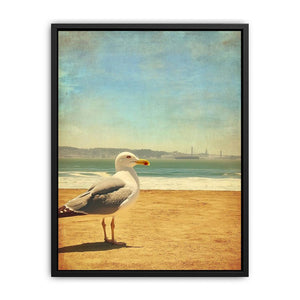 Vintage seagull beach wall art with ocean and sand for coastal living room decor.