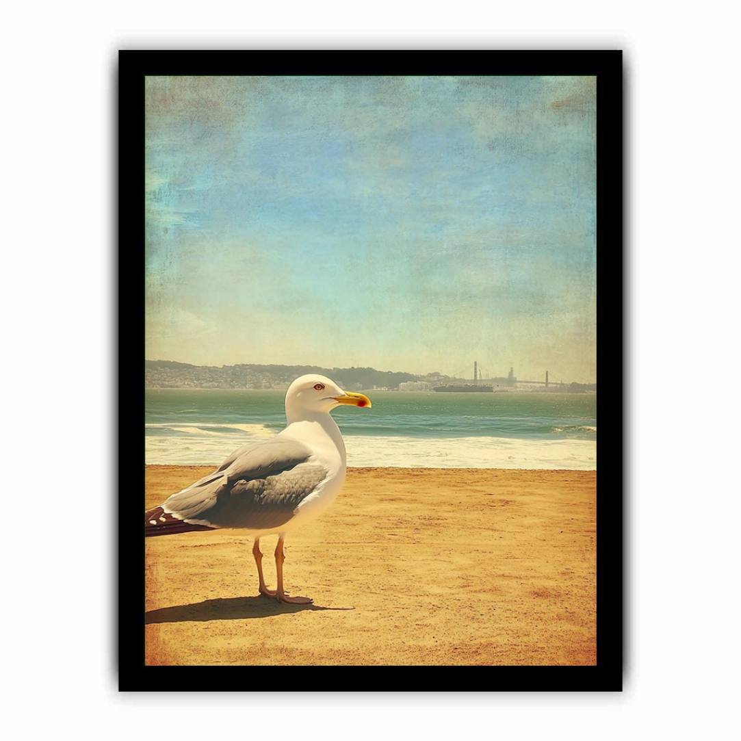 Vintage seagull beach wall art with ocean and sand for coastal living room decor.