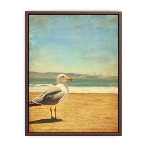 Vintage seagull beach wall art with ocean and sand for coastal living room decor.