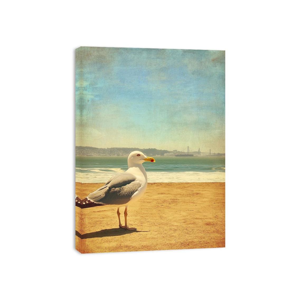 Vintage seagull beach wall art with ocean and sand for coastal living room decor.