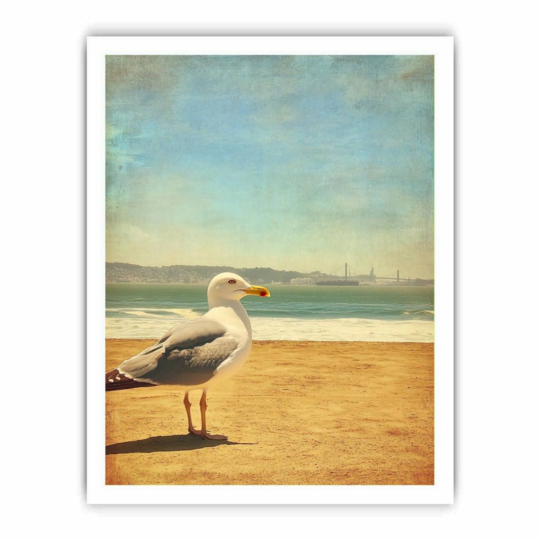 Vintage seagull beach wall art with ocean and sand for coastal living room decor.