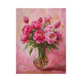Pink peony oil painting canvas art in vase for feminine bedroom decor.