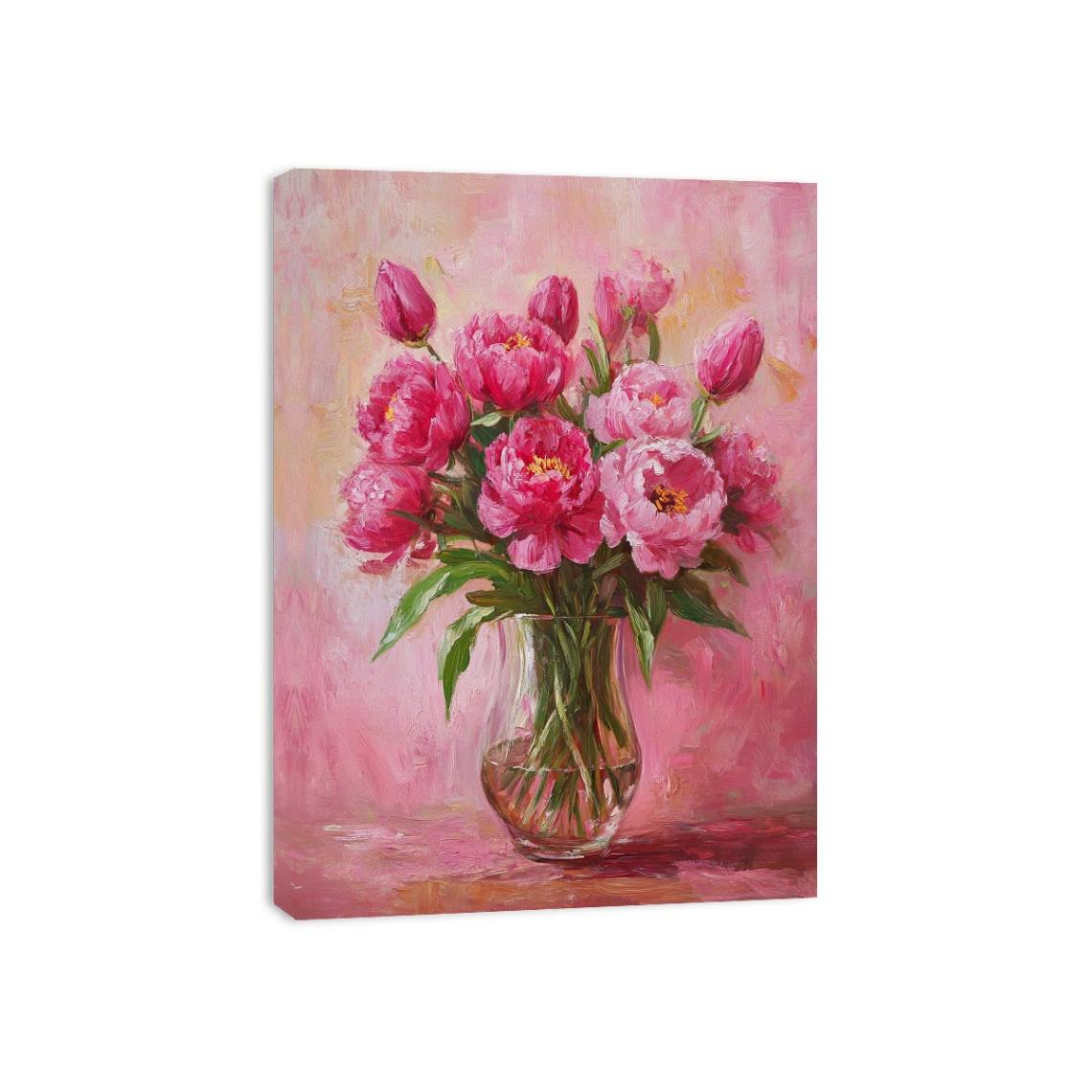 Pink peony oil painting canvas art in vase for feminine bedroom decor.