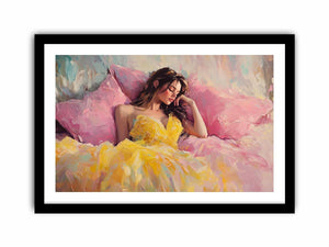 Fashion woman canvas art in yellow dress with pink pillows for glamorous bedroom decor.