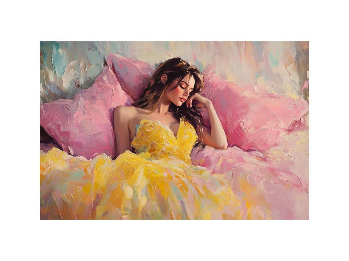Fashion woman canvas art in yellow dress with pink pillows for glamorous bedroom decor.